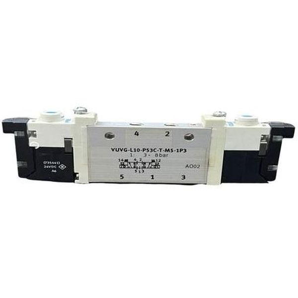 Válvula do tipo 5/3, com posição central fechada (P53C). Elétrico, com tensão de 24V DC, bobina de corrente reduzida - FESTO