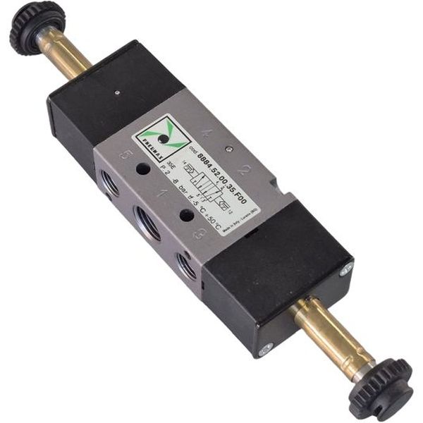 Série 888, 5/2 vias, solenóide-solenóide, fluido ar filtrado, temperatura -5...50oC, fluxo nominal 890 Nl/min, tamanho do orifício 6.5mm, conexão rosca G1/4. F00 significa sem bobinas. Consulte a possibilidade de adquirir as bobinas.