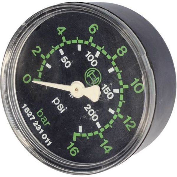 saída por trás, conexão rosca 1/4, diâmetro 60mm, mostrador fundo preto, fluido ar comprimido