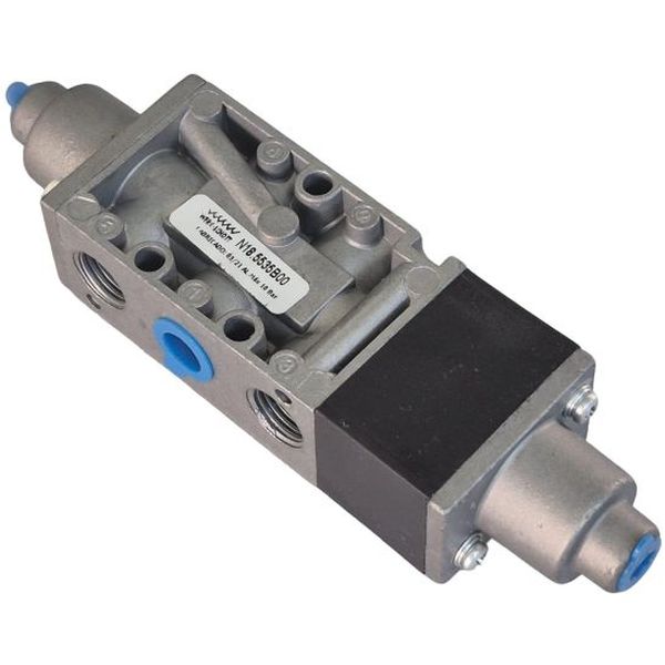 Série N18.000, conexão rosca 1/4BSP, 5 vias, atuador piloto, retorno autocentrante, 3 posições CAP. Para fluxos intermediários com vazão de 2073 l/min à pressão de 7 bar.