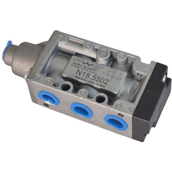 Série N18.000, conexão rosca 1/4BSP, 5 vias, atuador piloto, retorno mola, 2 posições. Para fluxos intermediários com vazão de 2073 l/min à pressão de 7 bar.