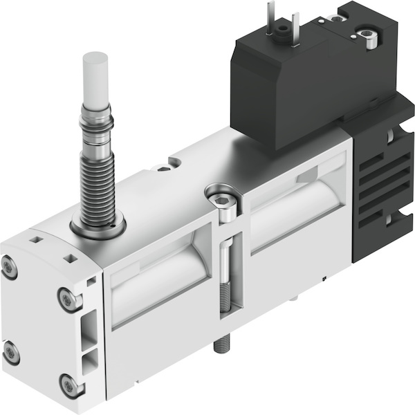  Válvula solenoide pneumática 5/2 vias, 24V DC, acionamento elétrico, retorno por mola, montagem em base, aplicação em automação industrial. VS-560744-FST 