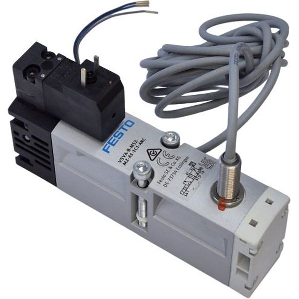 Válvula solenóide pneumática 5/2 vias, 24V DC, acionamento elétrico, retorno por mola, montagem em base, aplicação em automação industrial. 