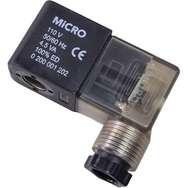 bobina para eletroválvula, largura 22mm, tensão 110V, 50/60Hz, potência 4.5 VA, conexão ED 100%, proteção IP65, temperatura ambiente máxima 50oC, classe de isolação H, encapsulamento em resina epoxi