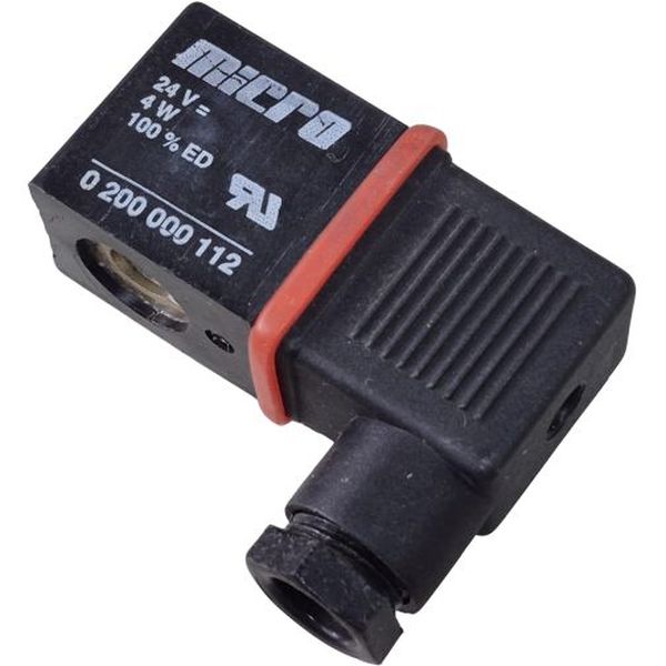 bobina para eletroválvula, largura 22mm, tensão 24V, 50/60Hz, potência 4W, conexão ED 100%, proteção IP65, temperatura ambiente máxima 50oC, classe de isolação H, encapsulamento em resina epoxi