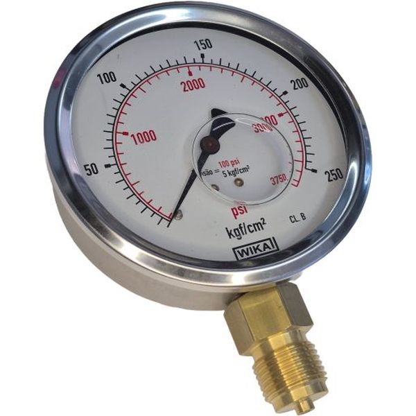 conexão rosca 1/2BSP, saída por baixo, com glicerina, diâmetro aprox. 10cm, caixa metálica, rosca de latão