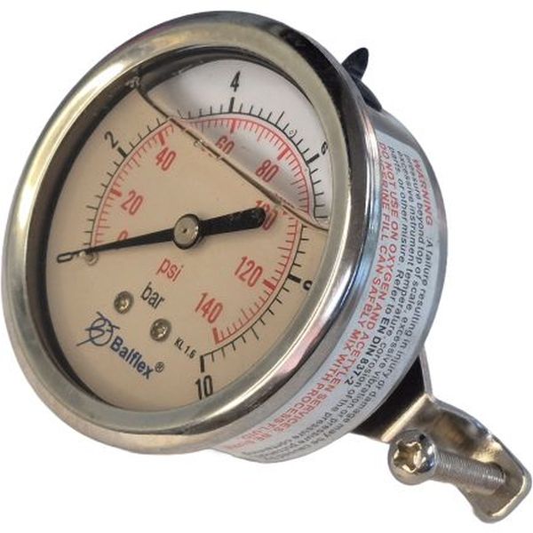 Manômetro BALFLEX 140psi 10bar com suporte manômetro saÃda por trás, rosca 1/4, com glicerina, visor plástico, caixa metálica