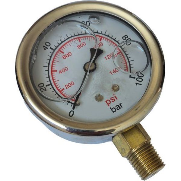 Manômetro GALLEYHILL GA635RL100 1400psi 250bar saÃda por baixo, conexão 1/4, com glicerina, dupla escala, fluido óleo