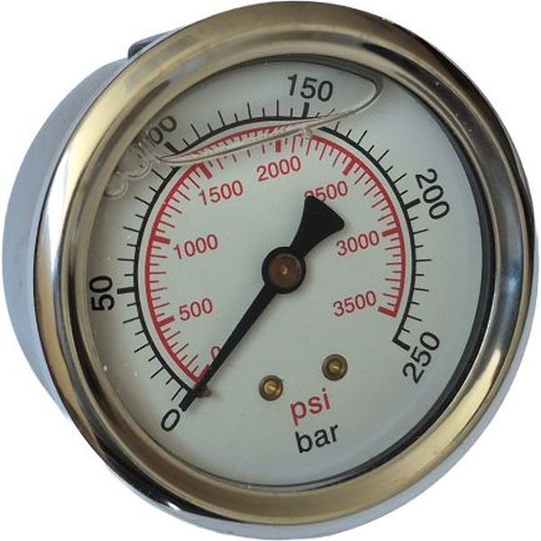 Manômetro GALLEYHILL GA638PBL250 3000psi 250bar saÃda traseira, rosca 1/4, com glicerina, mostrador 63mm, fluido óleo
