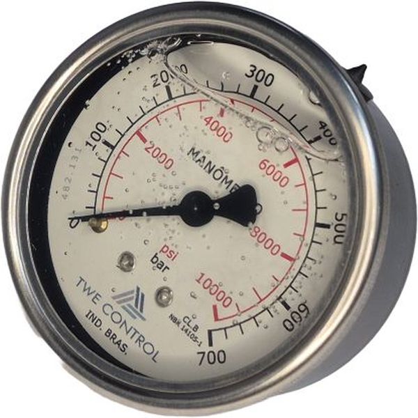 Manômetro TWE 10000psi 700bar saÃda por trás, com glicerina, conexão rosca 1/4, mostrador 63mm, escala dupla psi/bar, fluido óleo