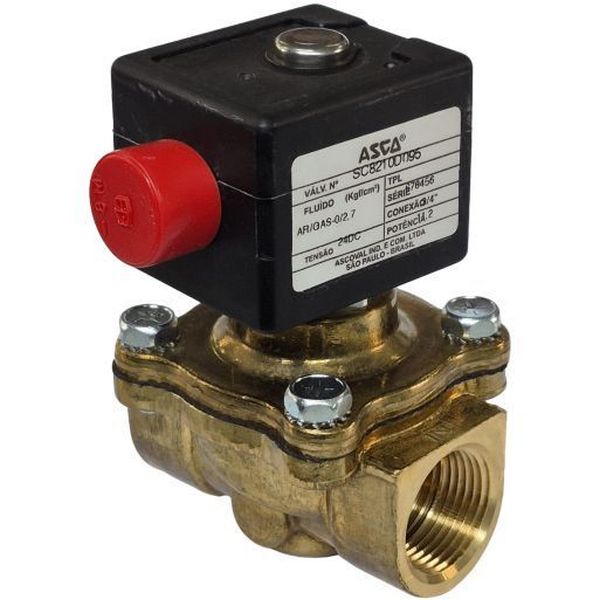 conexão rosca 3/4, tensão 24VDC, potência 11,2W, fluidos ar / gás, material corpo latão

 