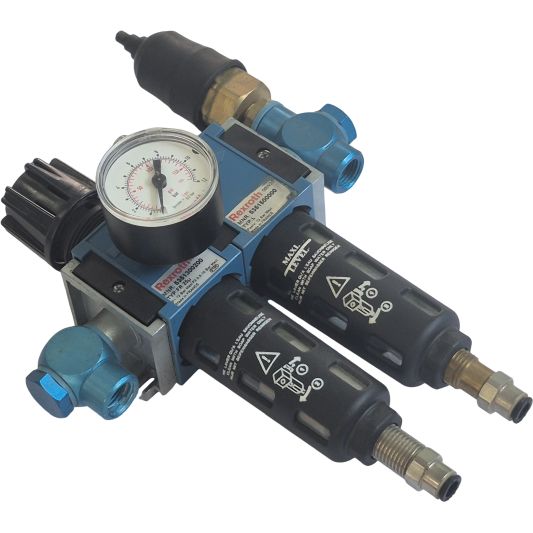 filtro regulador 5351300200, lubrificador 5351500000, copos com proteção, man&ocirc;metro 3530200150 (escala 170psi / 12 bar)