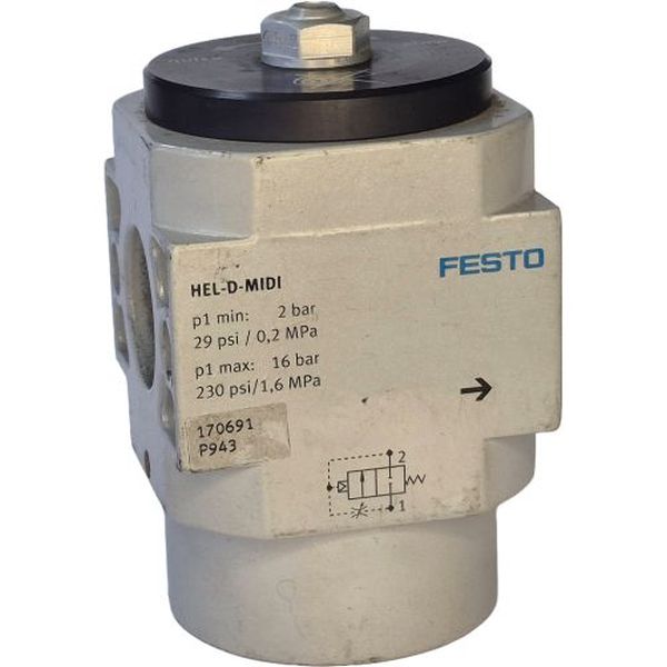 tamanho MIDI, acionamento pneumático, 2/2 vias, monoestável, pressão de operação 3...16bar, temperatura ambiente  -10oC...60oC, corpo alumínio, vedações NBR