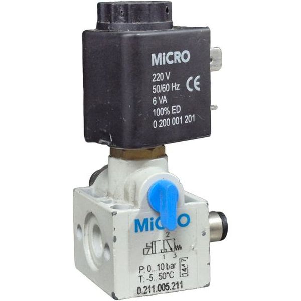 Série 211 Global Class 1/8, conexão rosca 1/8, 3/2 vias, atuação elétrica, normalmente fechada, fluido ar comprimido / gases inertes, corpo Zamac, bobina 220V 50/60Hz 6VA, bobina encapsulada em resina epoxi