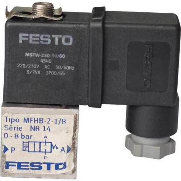 3/2 vias, conexão rosca 1/8, atuação solenóide / retorno mola, bobina elétrica 220/250VAC 50/60Hz