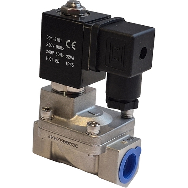2/2 vias, conexão G1/2, orifício 13mm, 220VAC 22VA, pressão 0,3~16bar, meios água / ar / óleo