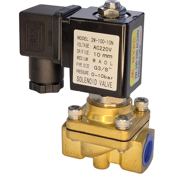 2/2 vias, conexão 3/8, orifício 10mm, 220VAC 3,0VA, pressão 0~10bar, meios ar / água / óleo, ISO9001