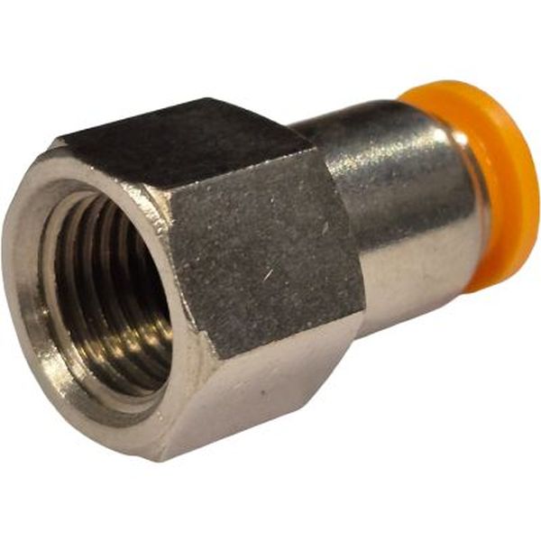 conexão rosca fêmea 1/4, diâmetro do tubo 6mm, meio de operação ar comprimido, anel de desengate laranja, corpo metálico
