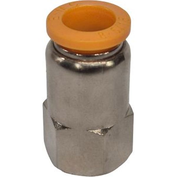conexão rosca fêmea 1/8, diâmetro do tubo 8mm, meio de operação ar comprimido, anel de desengate laranja, corpo metálico