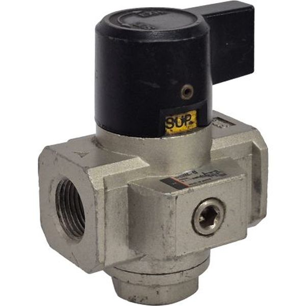 3/2 vias, conexão rosca G3/8, simples ação, manopla preta, intervalo de pressão 0,1 a 1,0MPa, fluido ar comprimido