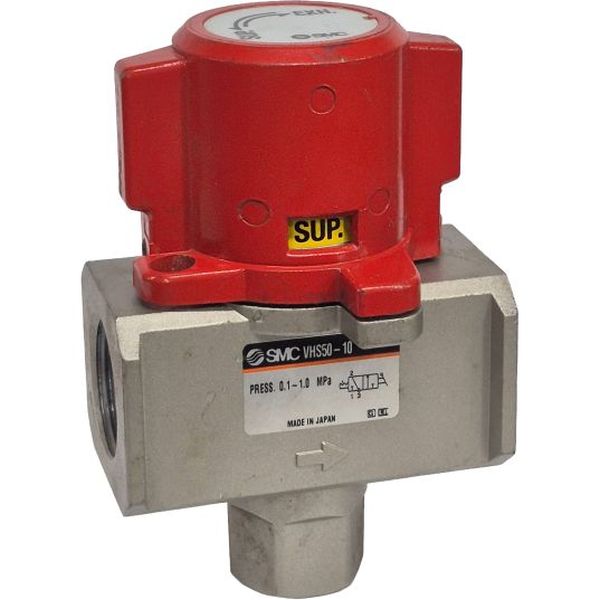 3/2 vias, conexão rosca 1 polegada, simples ação, manopla vermelha, intervalo de pressão 0,1 a 1,0MPa, fluido ar comprimido