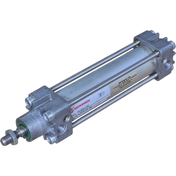 diâmetro 32mm, curso 100mm, cilindro com tirantes, dupla ação, meio ar comprimido, conexão rosca G1/8, corpo alumínio anodizado, norma ISO 15552 