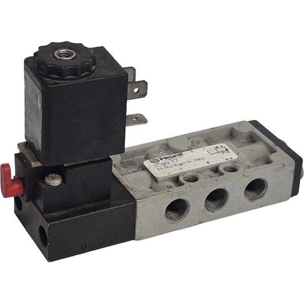 5/2 vias, atuador solenóide, 220V 50/60Hz 5W, pressão 10bar, temperatura máxima 80oC, fluido ar comprimido / óleo leve / gases inertes, corpo Zamak, vedações NBR