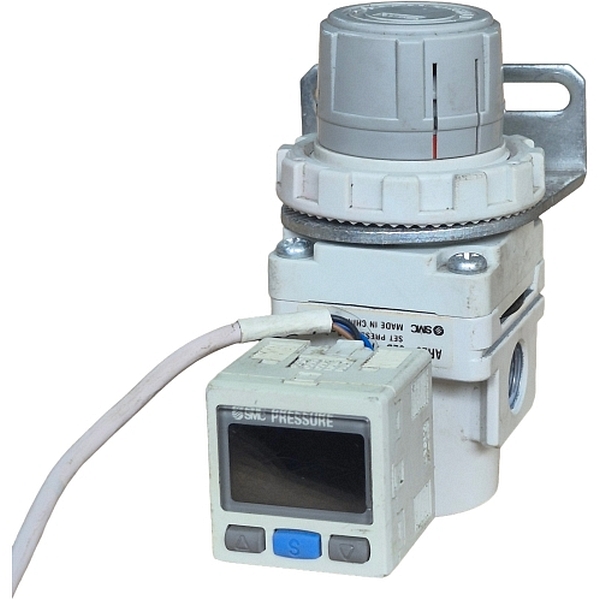 com manomêtro digital ISE30A-01-N, suporte para fixação, tamanho do corpo 20, conexão rosca 1/8, vazão 500Nl/min, conexão do man&ocirc;metro 1/8, sistema modular, travamento mecânico