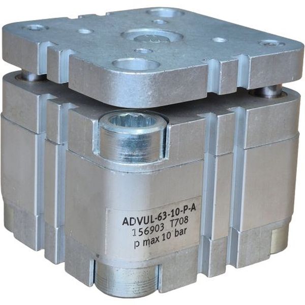 cilindro compacto, diâmetro 63mm, curso 10mm, rosca externa, anéis/placas de amortecimento elástico nas posições finais de curso, detecção de posição
