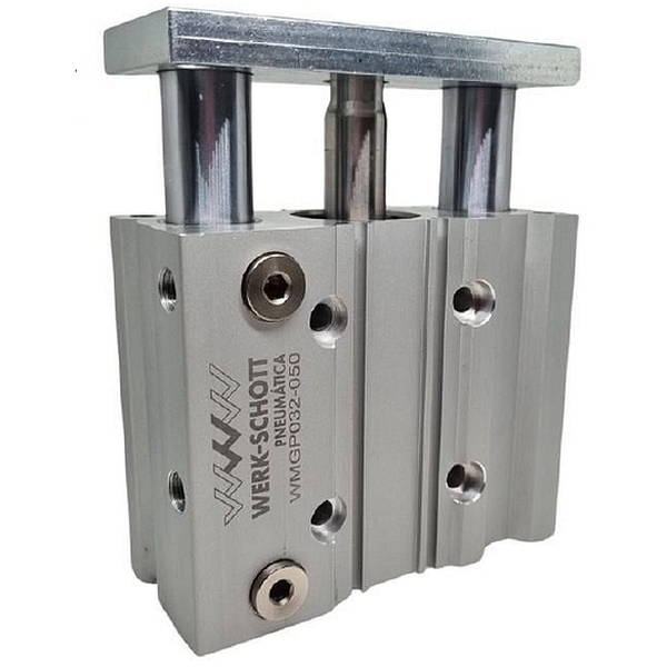 diâmetros 12 a 100 mm, cursos até 500mm, dupla ação guiado, pressão máxima 10bar, temperatura -10~60oC, amortecimento com borracha, camisa alumínio, vedações Buna-N