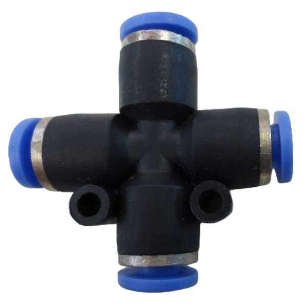 cruzeta igual, cruzeta com conexão instantânea, cruzeta de engate rápido, conector cruzeta, união cruzeta para ar comprimido, cruzeta pneumática, cruzeta para tubos de poliuretano, emenda cruzeta para mangueiras pneumáticas