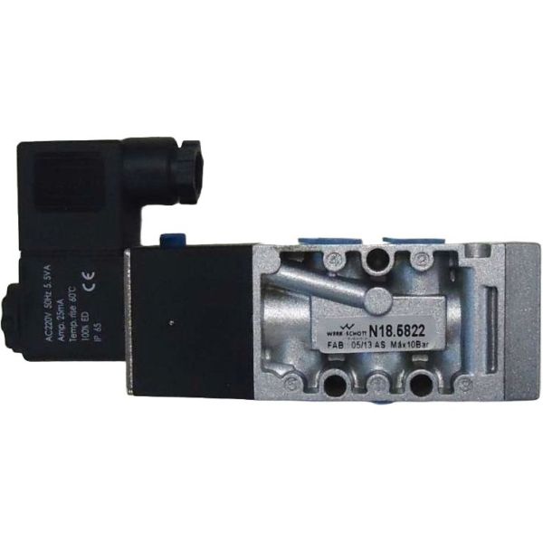 Série N18.000, conexão rosca 1/4BSP, 5 vias, atuador solenóide, retorno diferencial, 2 posições. Para fluxos intermediários com vazão de 2073 l/min à pressão de 7 bar.