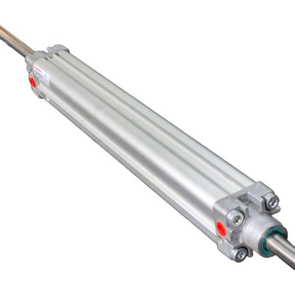 diâmetro 50mm, curso 450mm, conexão rosca G1/4, meio de operação ar comprimido, ISO 15552, dupla ação, corpo alumínio, haste passante, vedações PUR e NBR
